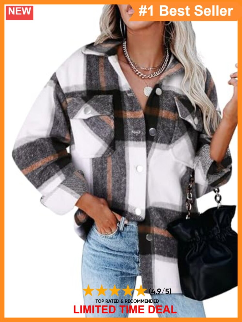 Womens Oversized Button Down Blouse V Neck Long Sleeve Plaid Top with Pockets